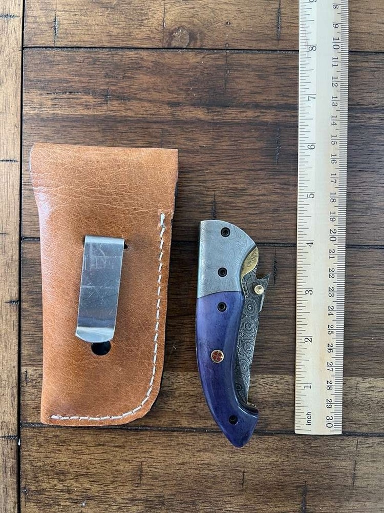 CUSTOM HANDMADE DAMASCUS COLORED CATTLE BONE HANDLE FOLDING KNIFE W/ SHEATH 29