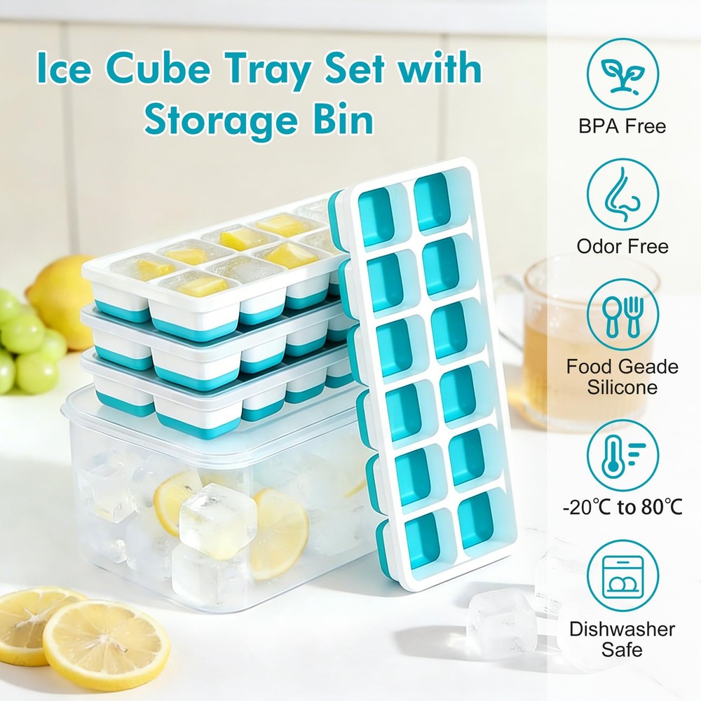 NFK Ice Cube Tray with Lid & Bin - 4 Pack 48 Cubes Stackable Silicone Blue