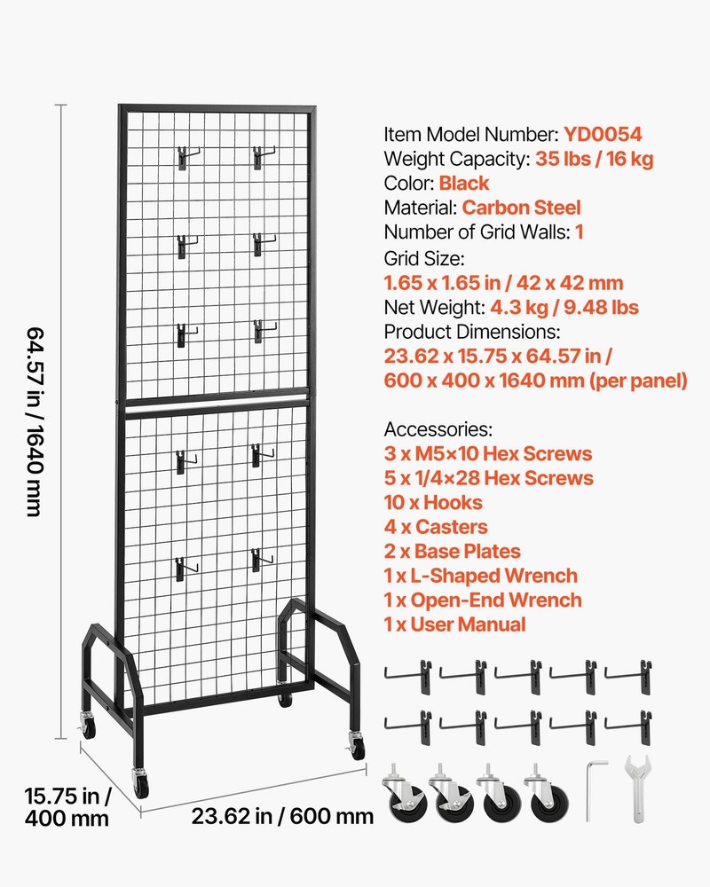 Grid Wall Panel 1.9x5.4ft, Black Carbon Steel, 10 Hooks & Locking Casters