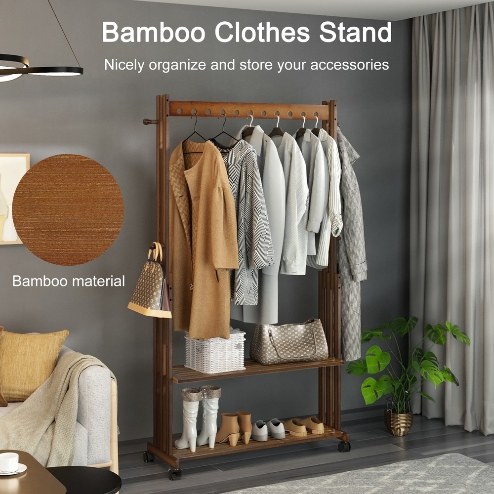 Extra Large Bamboo Clothes Rail Rack Garment Stand Adjustable Shelf with Wheels