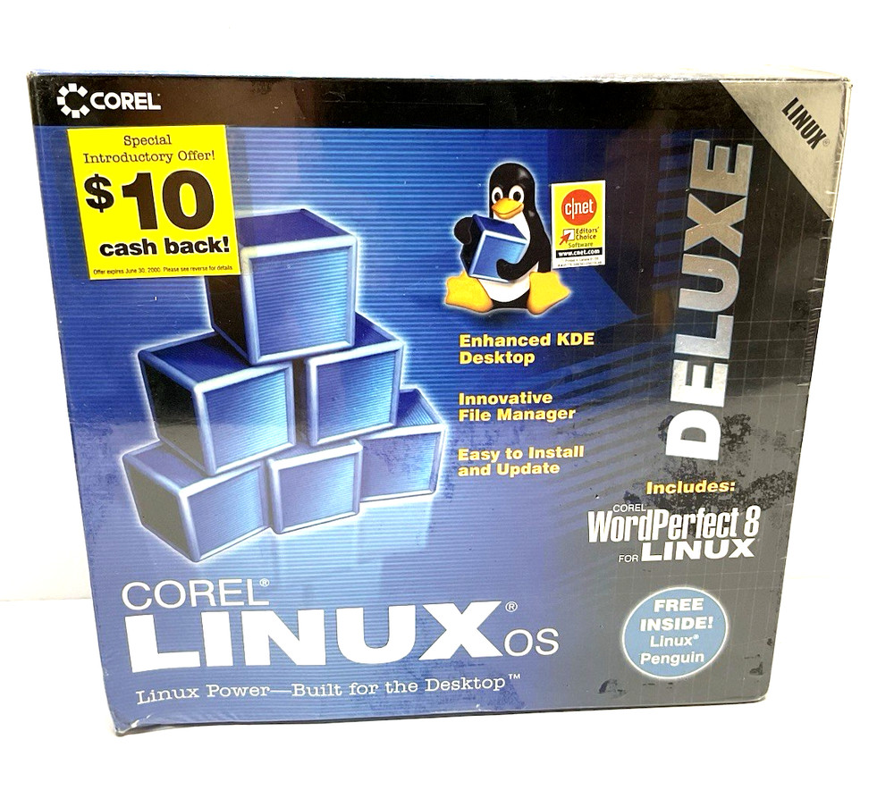 COREL LINUX OS DELUXE PC FILE MANAGER BIG BOX 1999 With Linux Penguin New Sealed