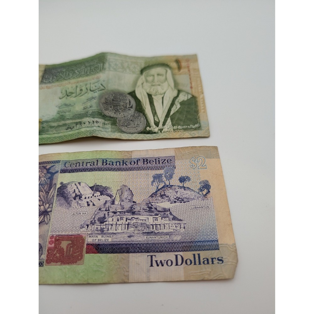Belize 2 Dollars 2017 & Jordan 1 Dinar 2016 World Banknote Currency Set