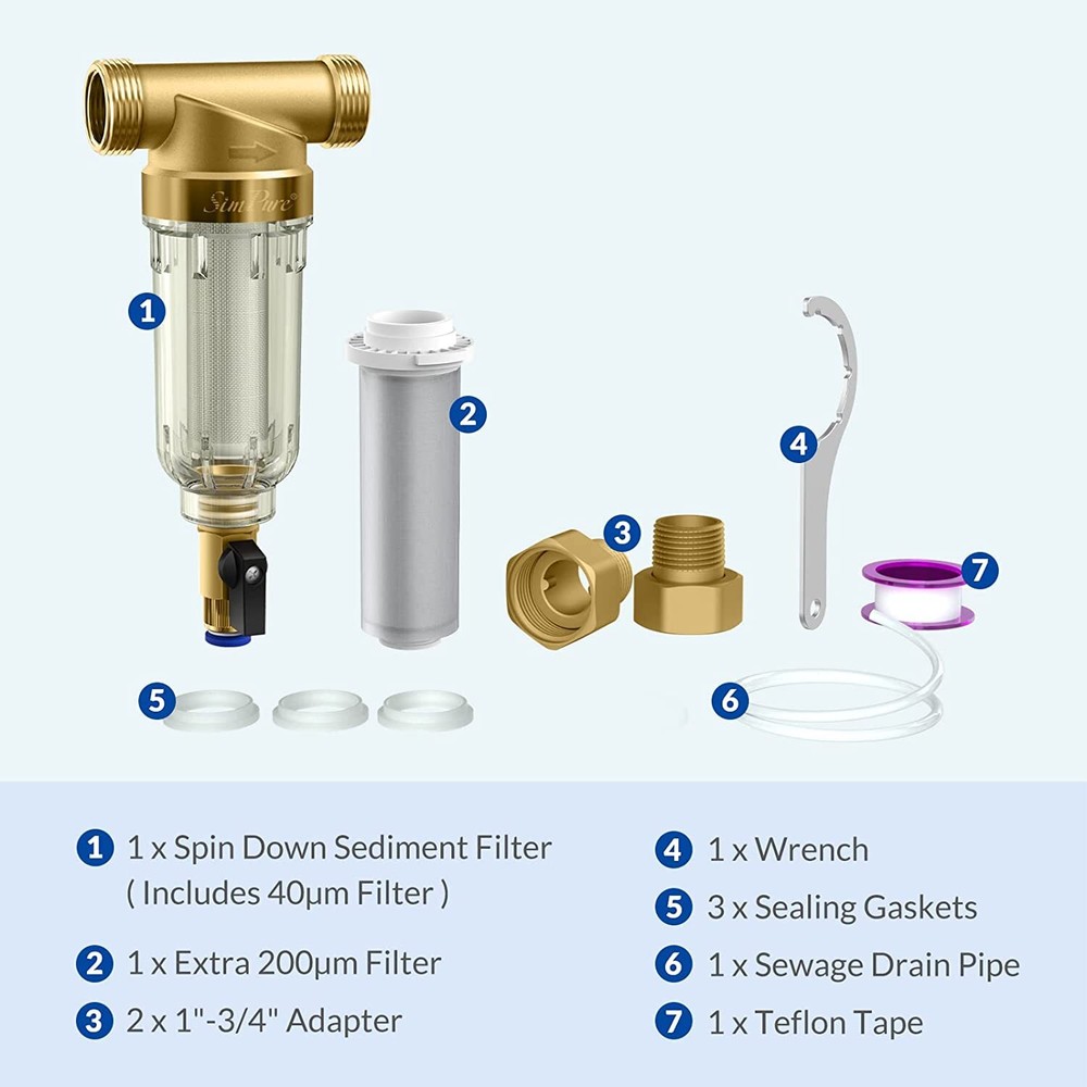 Reusable Spin Down Sediment Water Filter Whole House 40 Micron Pre-Filter System