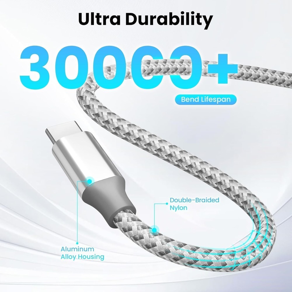 KYEHD USB C Cable，3 Pack 10FT 60W Fast Charging C to C Grey white