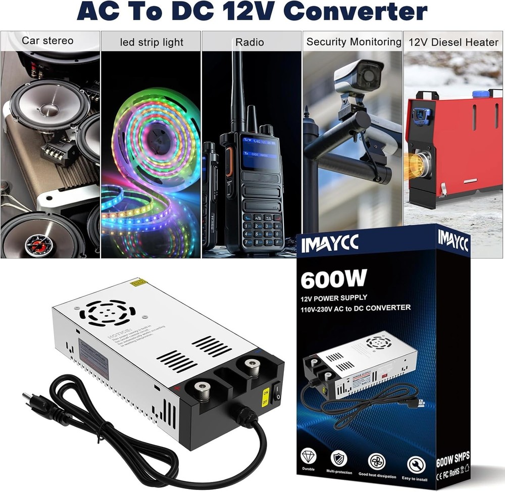 Versatile 600W AC to DC Converter, 110V/220V Input, 12V Adjustable Output