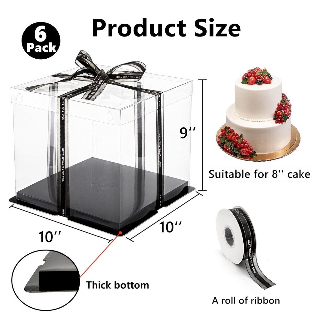 6 Pack Clear Cake Box with Ribbon 2-Layer Tall Carrier Packaging Boxes 10x10x9