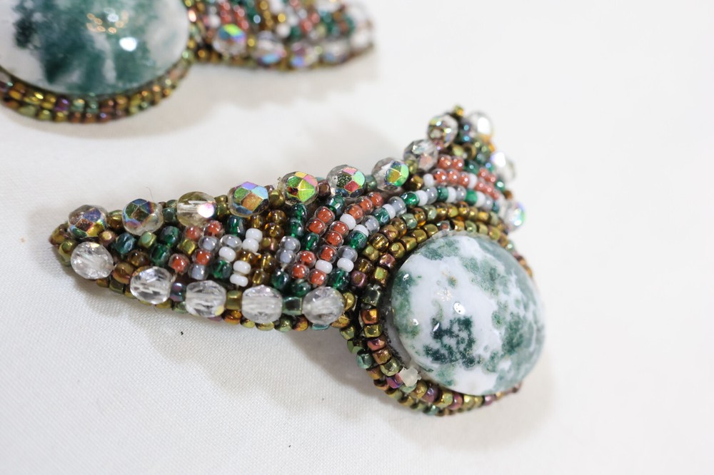 Pierced Earrings handmade beaded and stone leather back 2" high