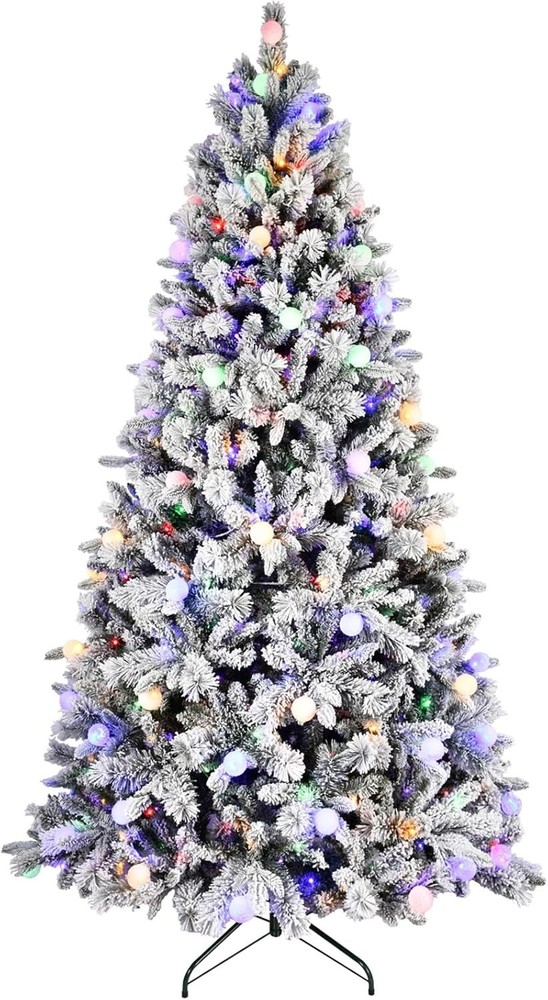 8 ft Prelit Snow Flocked Artificial Christmas Tree with White & Multicolor Light