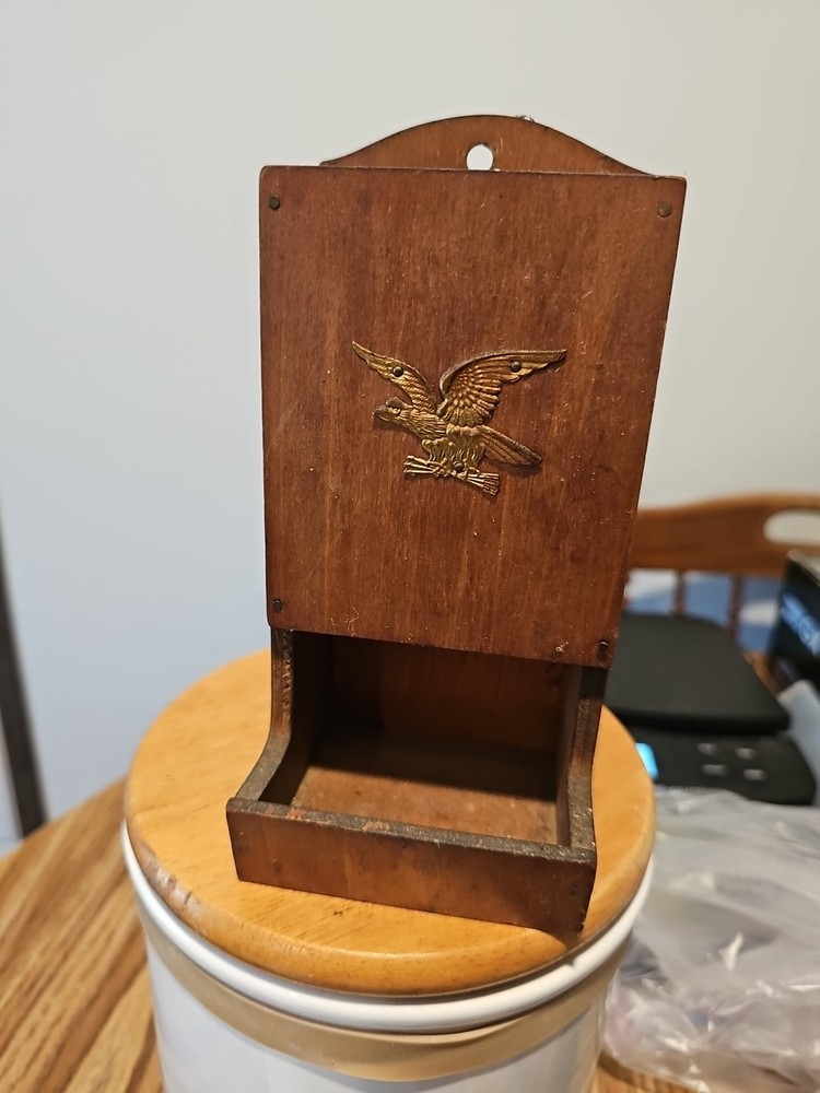 Vintage Wood Match Holder Eagle On Front.
