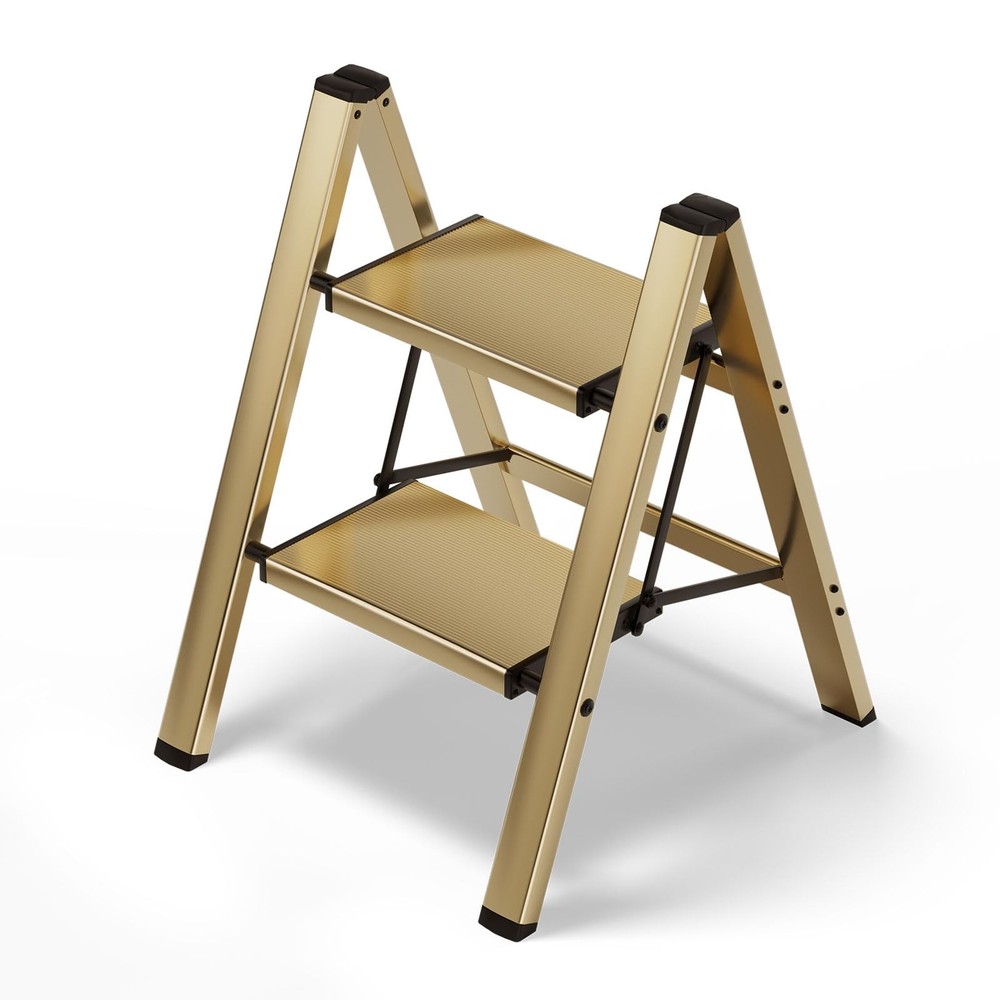 HillhutApex 2 Step Stool, Aluminum Foldable Ladder, 2 Step, Gold