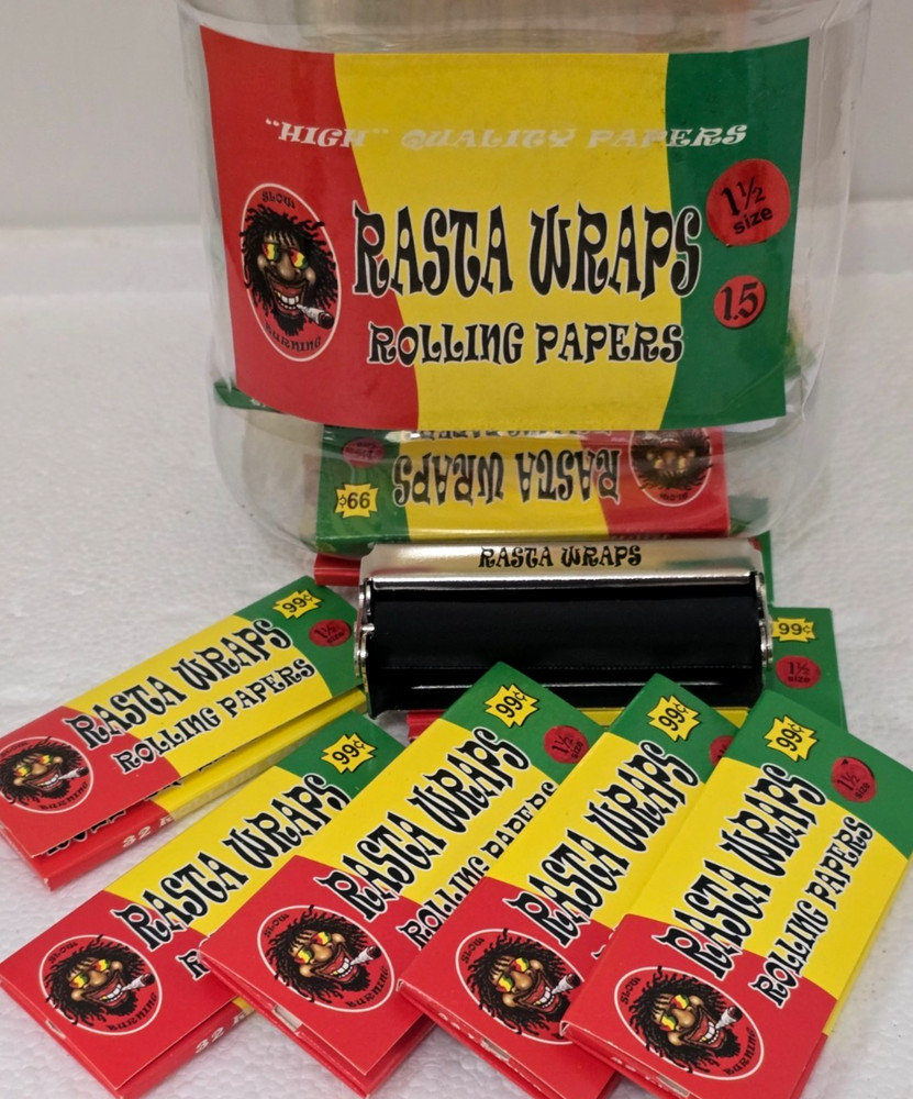 RASTA WRAPS ROLLING MACHINE (70MM) & 5 Packs RASTA 1.5 PAPERS (32 per Pack)