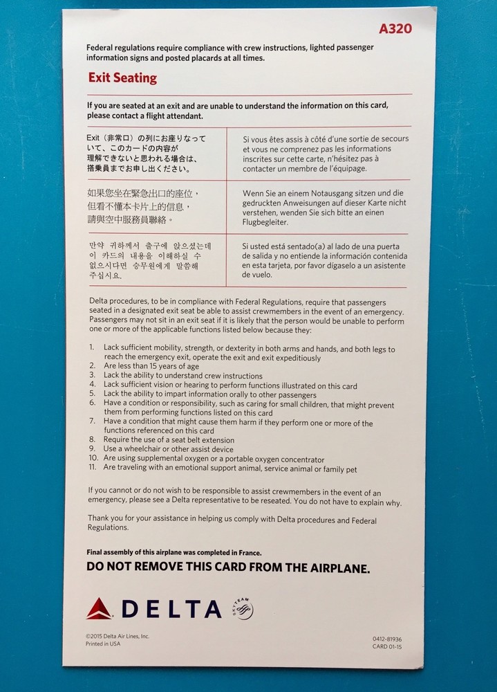 DELTA AIRLINES SAFETY CARD--AIRBUS 320