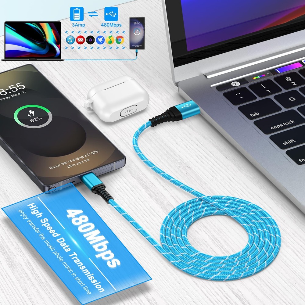 USB to C Charger Cable Android Fast 6FT, Black Blue Purple