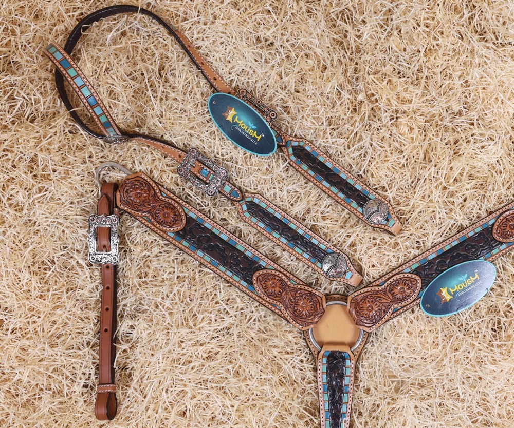 Western Leather Headstall and Breast Collar Tack Set