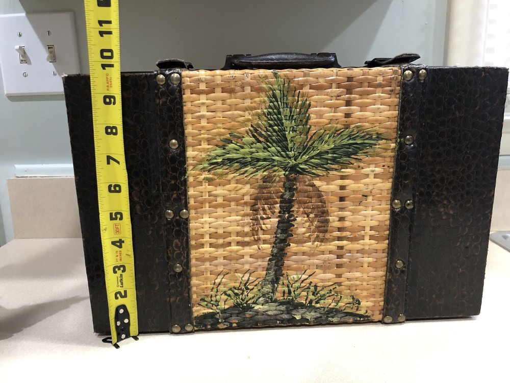 Vintage Ature trunk featuring a hand-painted palm tree