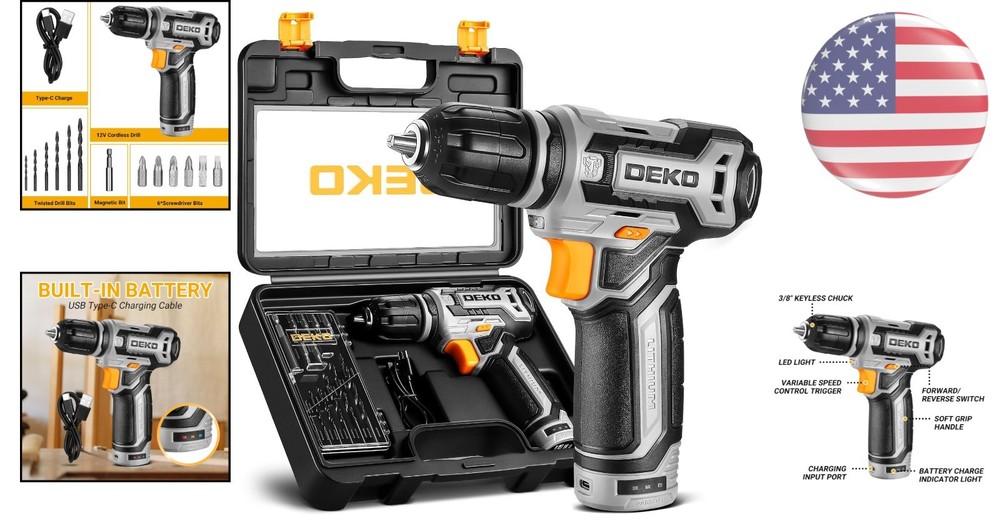Rechargeable 12V Lithium-Ion Drill with Built-in Light & 13 Piece Accessory Set