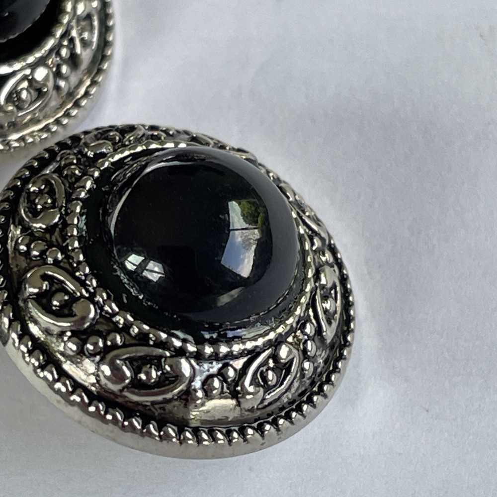 Set 5 Silver Tone Plastic Buttons Black Cabochon Medium 3/4”