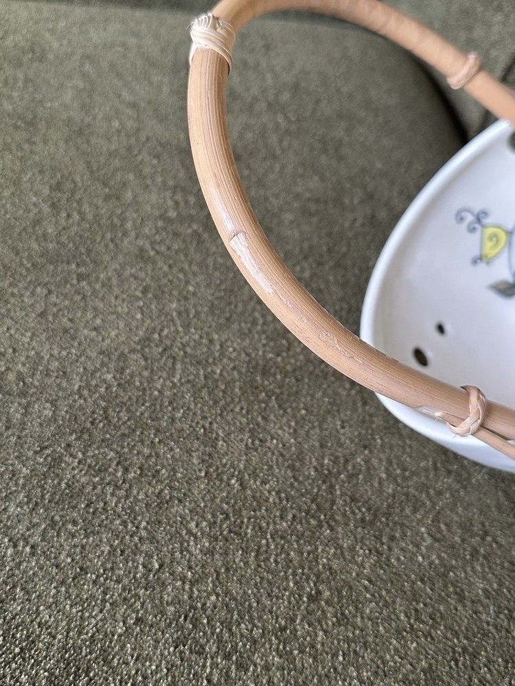 Studio Art Ceramic Yarn Bowl With Bamboo Handle - Hand-painted