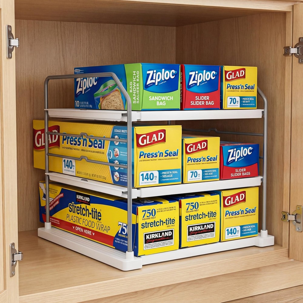 Extendable 3-Tier Kitchen Cabinet & Pantry Organizer for Plastic Wrap, Foil &...