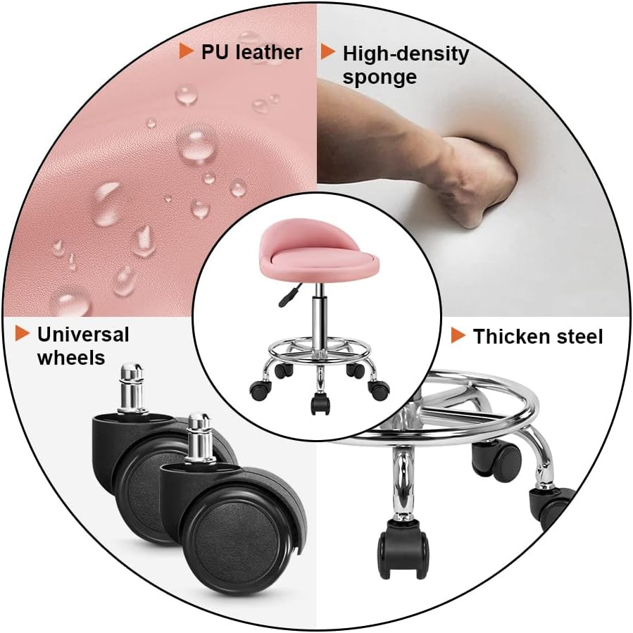 PU Leather round Rolling Stool with Foot Rest Height Adjustable Swivel Drafting