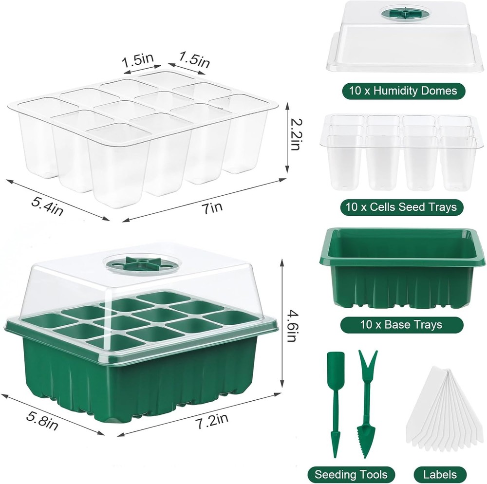 10 Pack Seed Starter Tray Seed Starter Kit (120 Cells Total Tray) with Adjustabl