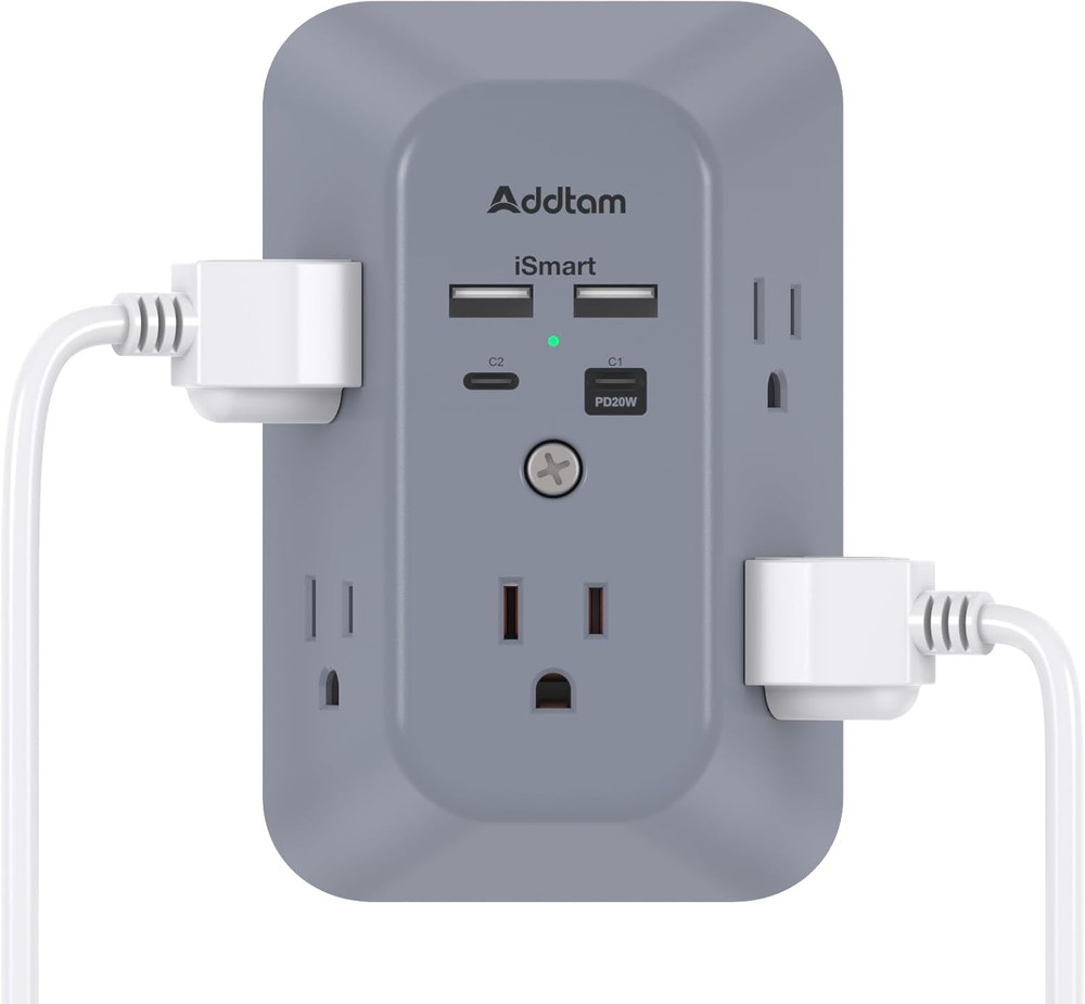Surge Protector Outlet Extender Multi Plug Wall 2C2A-PD20W Gray