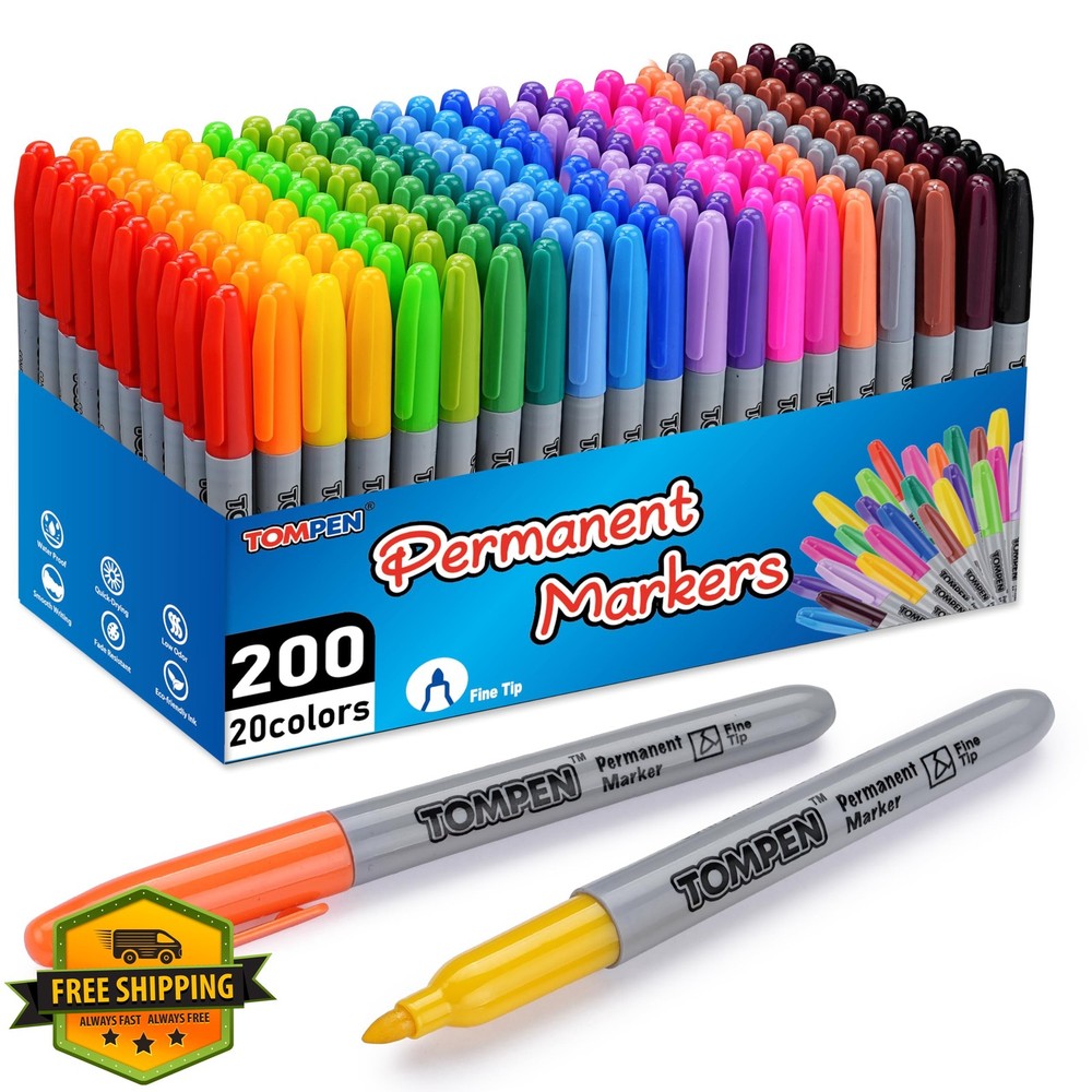 TOMPEN Permanent Markers 200 Pack Assorted Colors Fine Tip