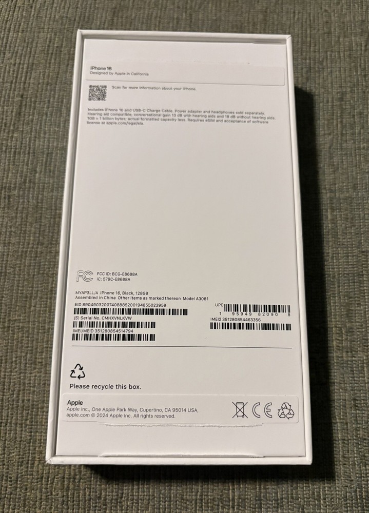 Apple iPhone 16 128GB Black EMPTY BOX Used OEM Original