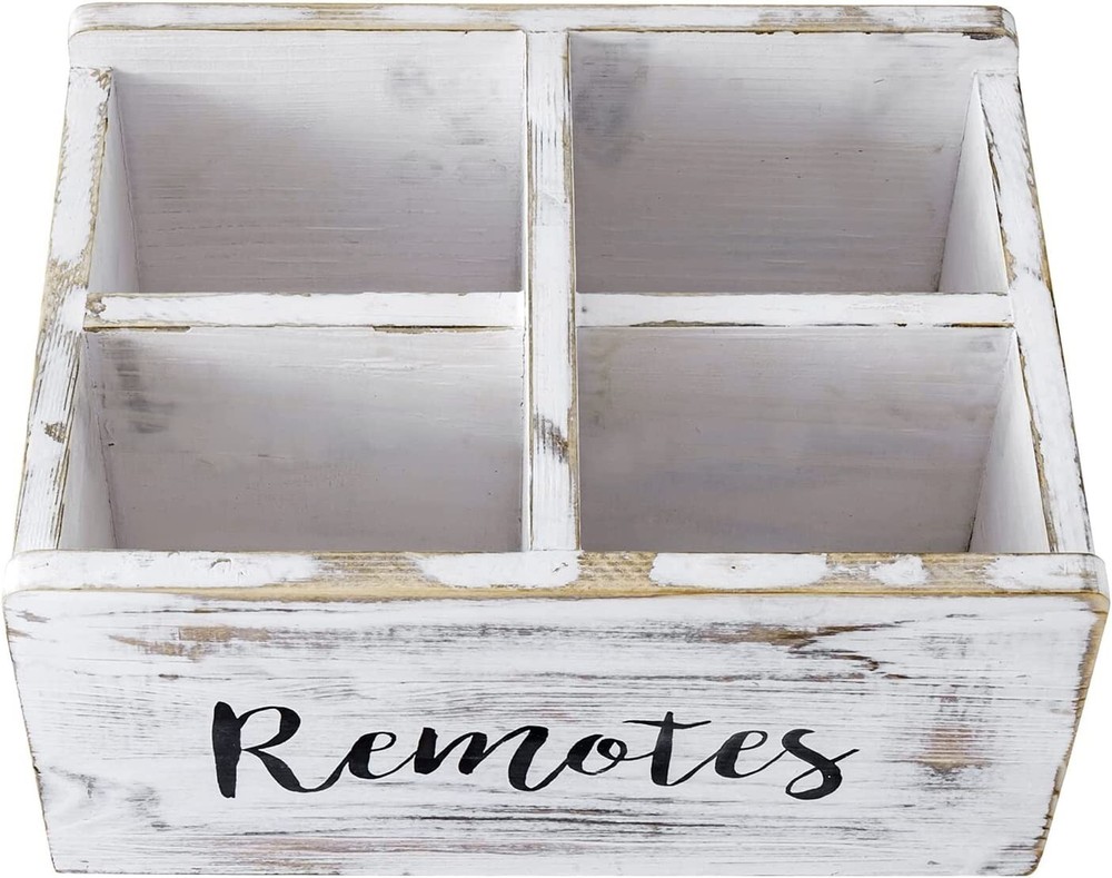 Whitewashed Wood Remote Control Holder Organizer / Tabletop Media Storage Caddy