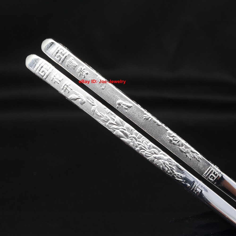 Real 999 Fine Silver Chopsticks Solid Silver Healthy Tableware Peony PatternGIFT