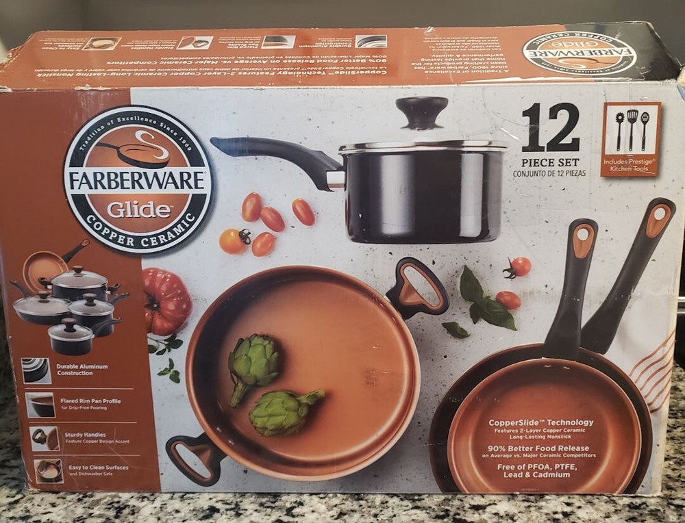 Farberware Glide 12 pc Cookware Set Black Copper Ceramic Nonstick Pots and Pans