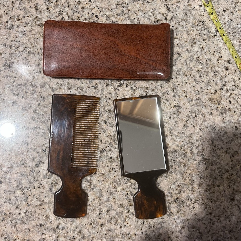 Vintage Tortoiseshell pattern Comb and Mirror Set w/ case 1980’s