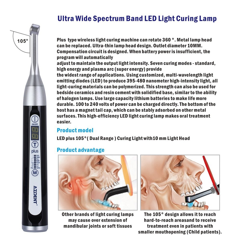 AZDENT Dental Wireless LED plus105 Curing Light Lamp 1 Second Curing 2500 mw/cm²