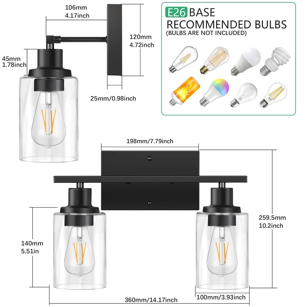 ShineTech 2-Light Bathroom Vanity Light Fixtures, Modern Wall Lighting with C...