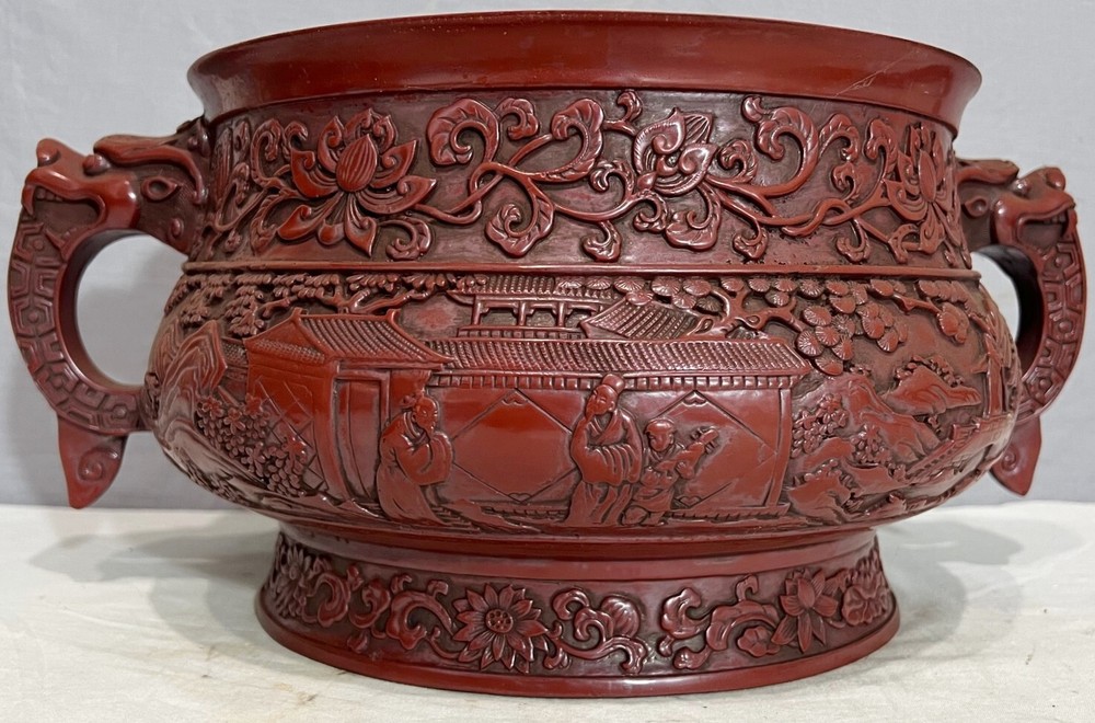 Large Modern Chinese Red Lacquerware Incense Burner With Mark M4010