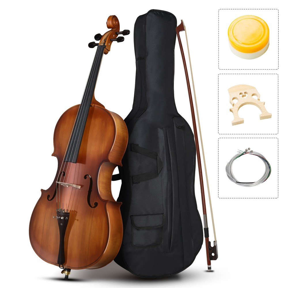 Full Side 4/4 Matte Spruce Panel Cello with Bag Bow Rosin Bridge Strings