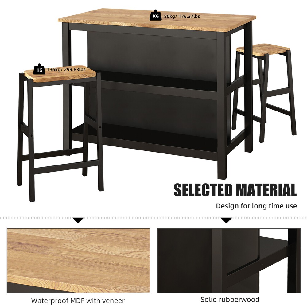 3PCS Dining Table Set Rustic Retro Breakfast Table Dining Stools with 2 Shelves