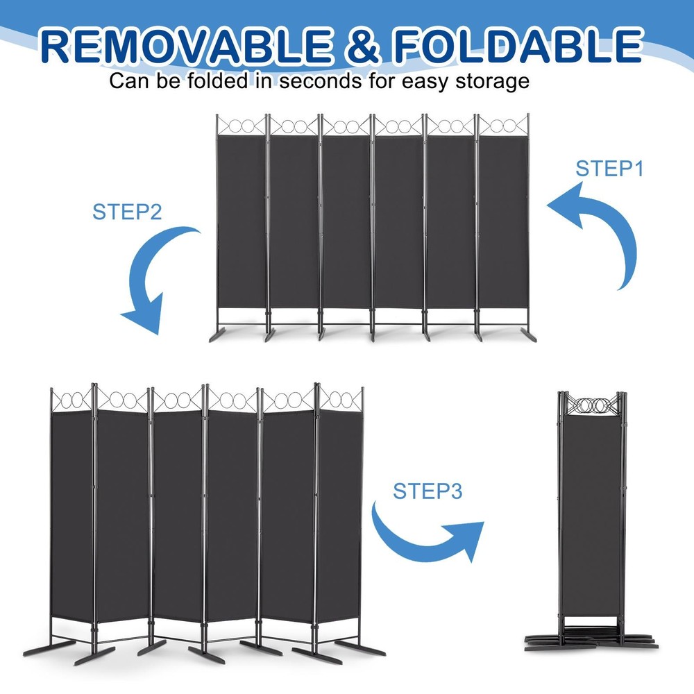 6 Panel Room Divider 6FT Steel Frame Screen Folding Privacy Divider Freestand