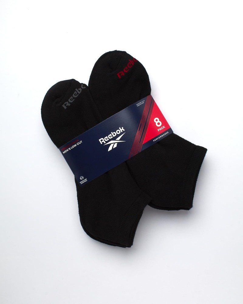 Reebok Mens Low Cut Socks - 8 Pack Stretch Performance Basic No Show - Flat Athl