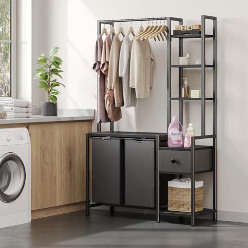 Laundry Hamper with Shelf, 5 Tiers Tall Laundry Basket Sorter with 2 Pull Black