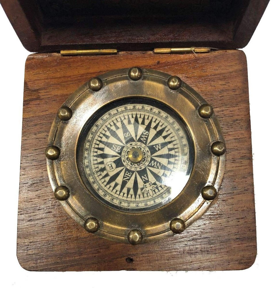 Antique Pocket Compass Analog Clock 3.5" Brass Navigation Pocket Solid Brass