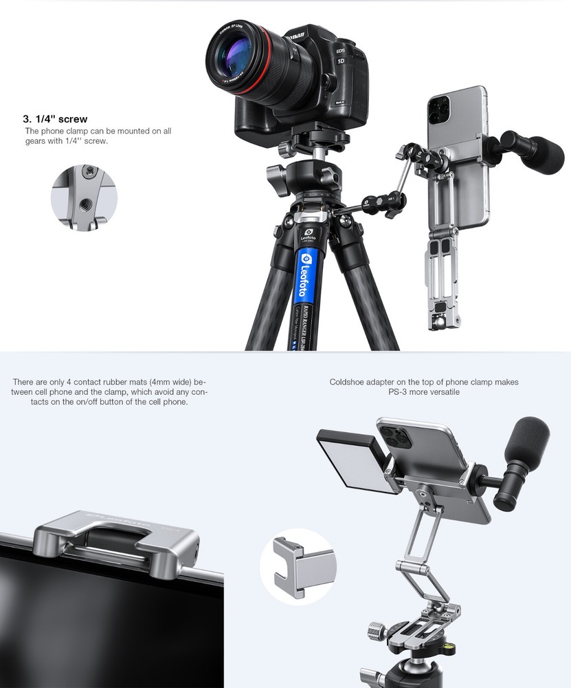 【US Dealer】Leofoto PS-4 Foldable Multi-Functional Smartphone Clamp Silver
