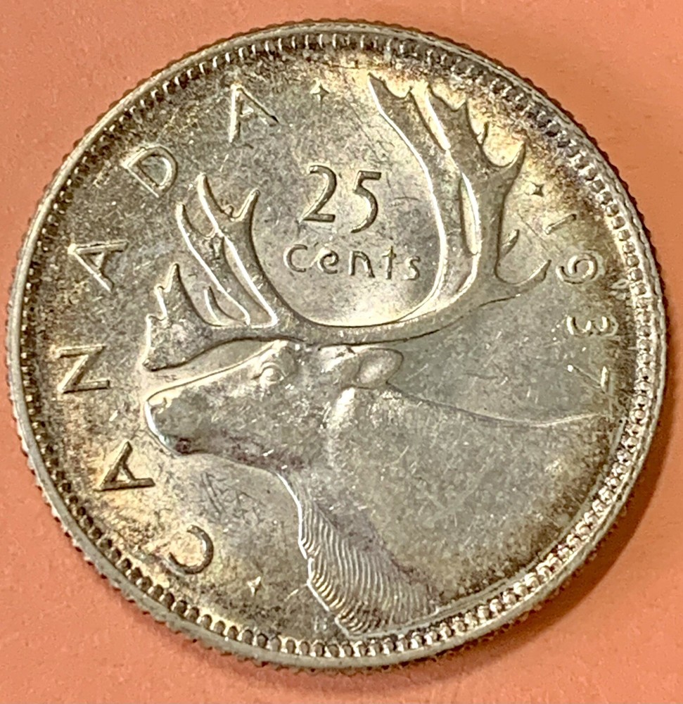 CANADA 1937 25 CENTS SILVER QUARTER, GEORGE VI, MS++++