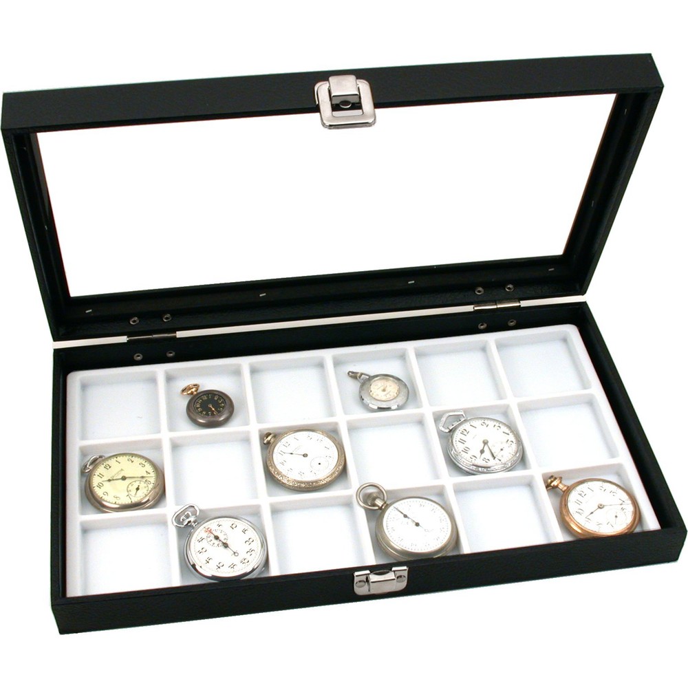 Glass Top Display Case Box White 18 Slot Insert