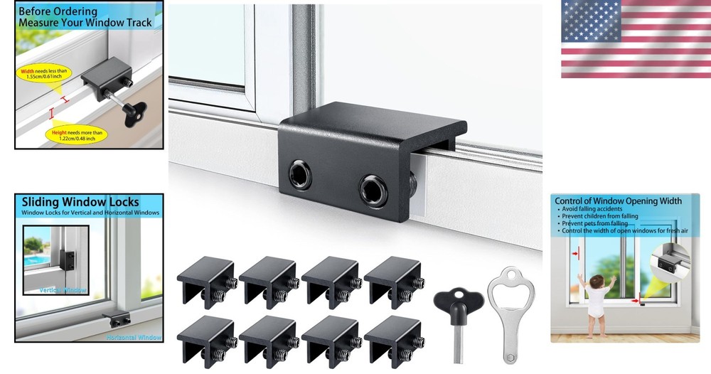 Adjustable Security Window Locks - 8 Pack with Key for Vertical & Horizontal Use