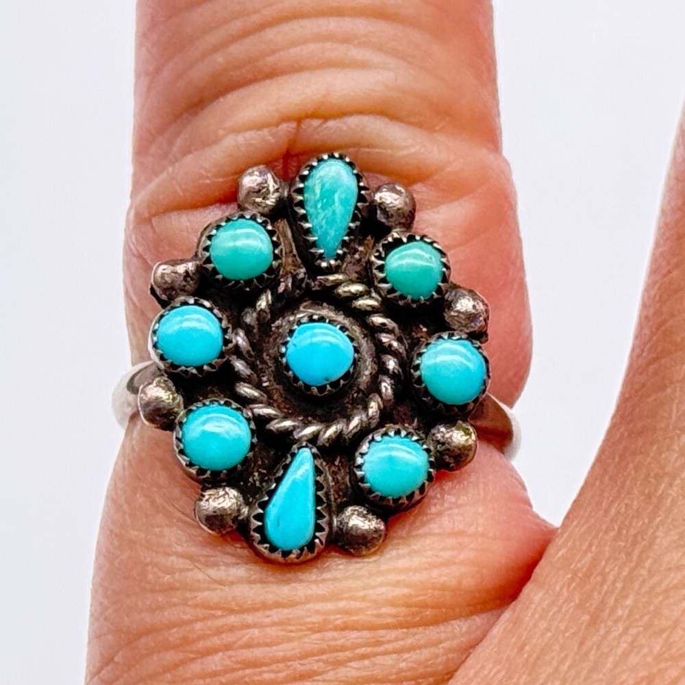 Petite Vintage Zuni Native Turquoise Cluster Silver Ring Size 5