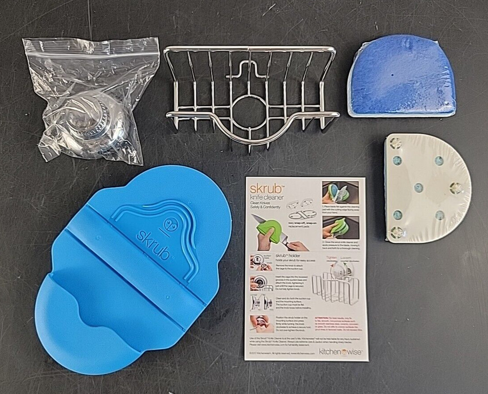 KitchenWise Skrub Blue Knife Cleaner Kitchen Scrub Set - Holder & 2 Extra Pads