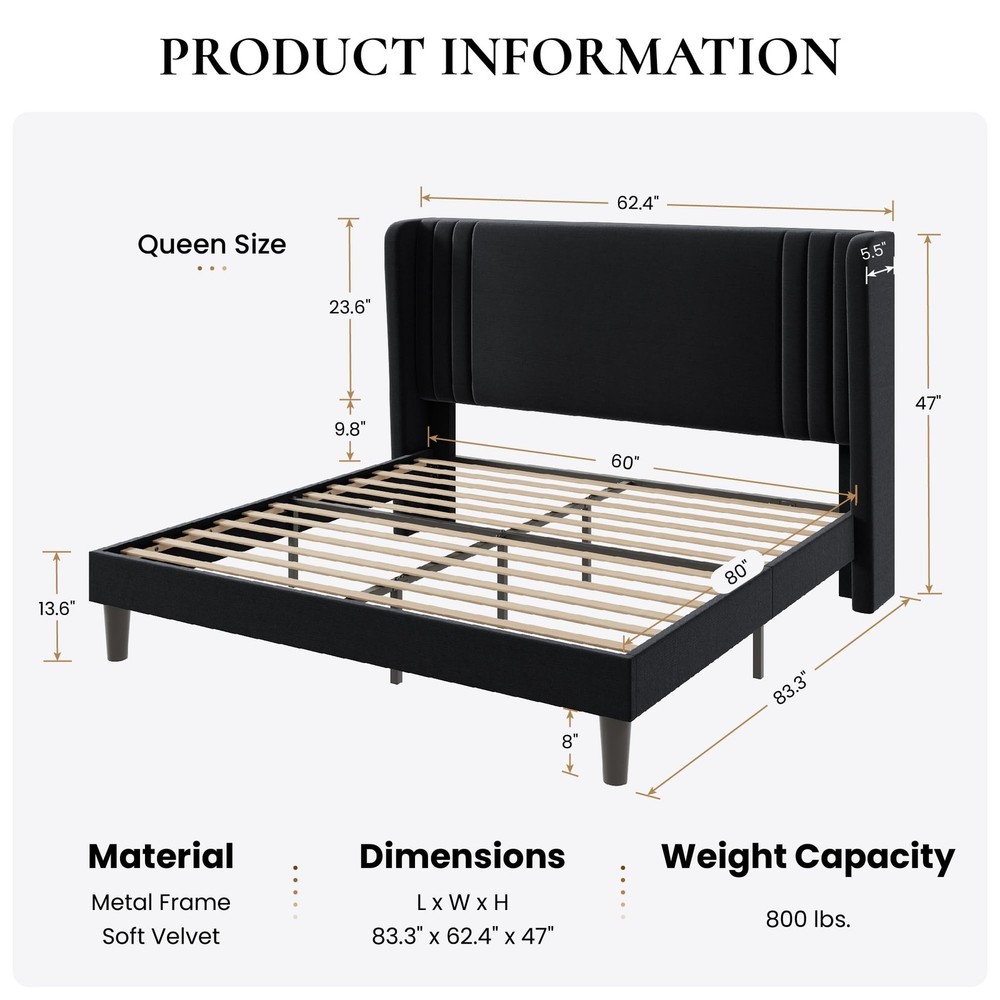 SHA CERLIN Queen Size Velvet Upholstered Platform Bed Frame with Vertical Cha...