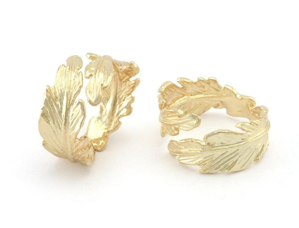 Leaf Ring Adjustable Shiny Gold Plated brass (19mm 9US inner size) 3217