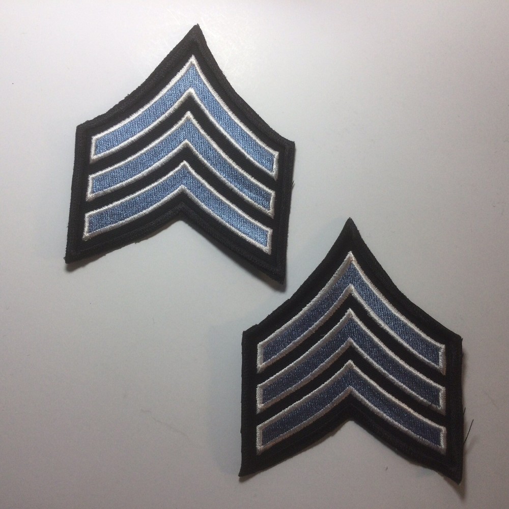 (2) Sergeant Chevron - 3 White / Light Blue Stripes on Black Patch - 3.5" Wide